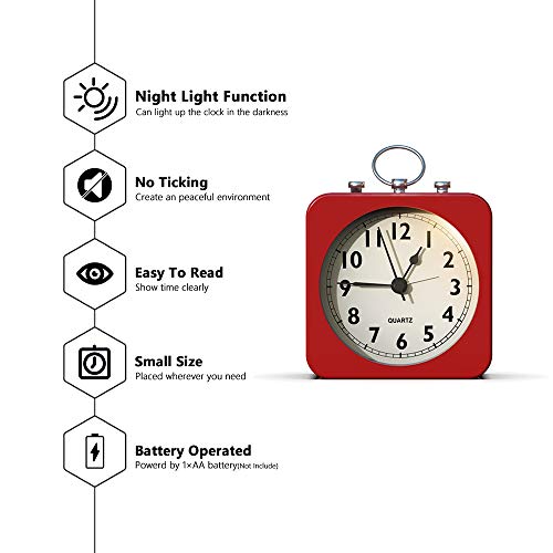 AYRELY Kadio Battery Operated Alarm Clock with Square Metal Case,Silent No Ticking Analog Quartz, Simple Operation for Bedroom/Travel/Desk/Kids?Red?, 10 Cm X 10 Cm - Image 2