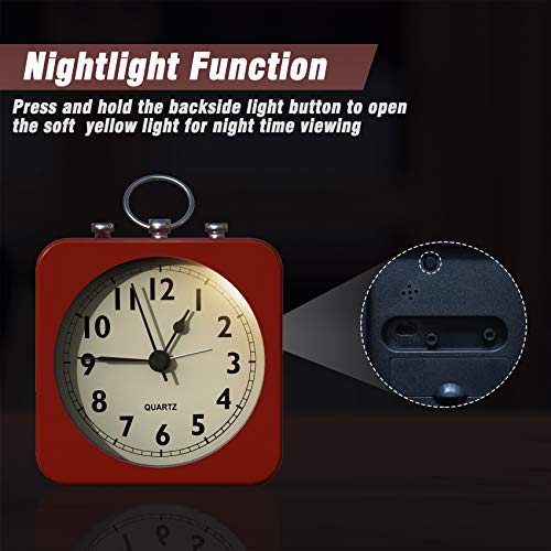 AYRELY Kadio Battery Operated Alarm Clock with Square Metal Case,Silent No Ticking Analog Quartz, Simple Operation for Bedroom/Travel/Desk/Kids?Red?, 10 Cm X 10 Cm - Image 5