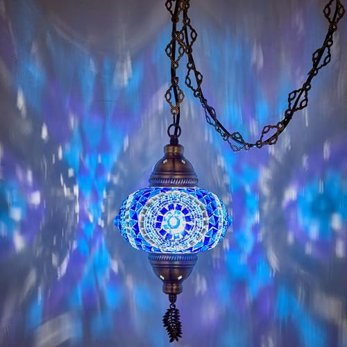DEMMEX Plug in Pendant Light Turkish Moroccan Mosaic Ceiling Hanging Pendant Light Fixture Lamp 65 Shade 15ft Thick Leaf Type Metal Chains Cord Plug Blue - Image 3
