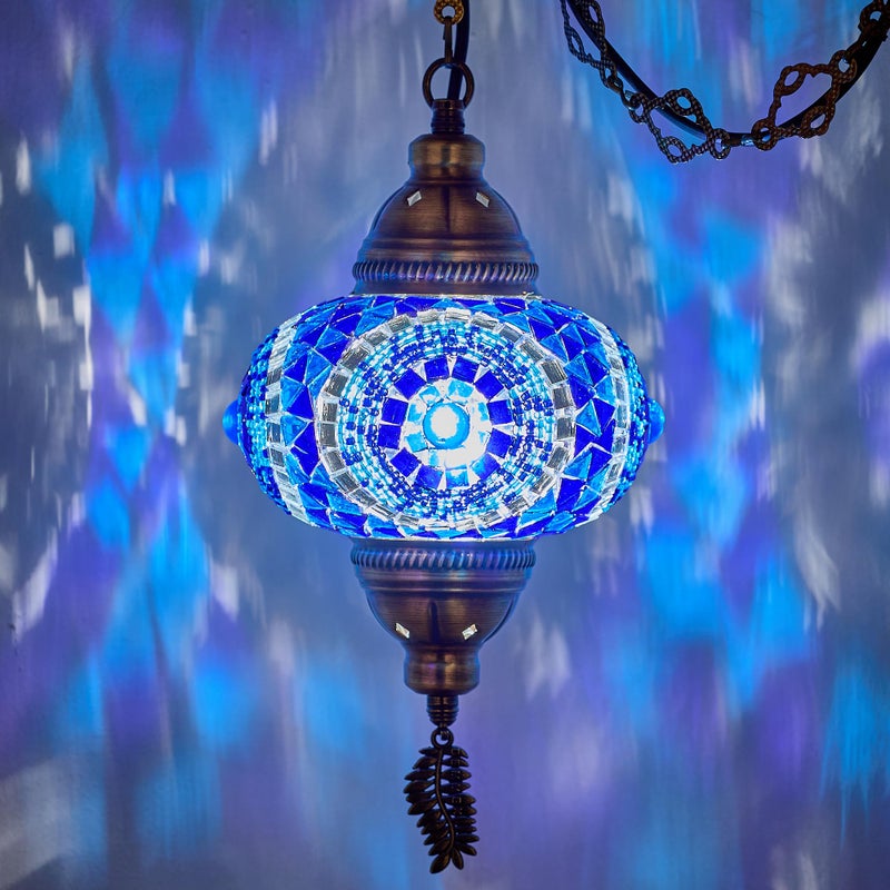 DEMMEX Plug in Pendant Light Turkish Moroccan Mosaic Ceiling Hanging Pendant Light Fixture Lamp 65 Shade 15ft Thick Leaf Type Metal Chains Cord Plug Blue - Image 2