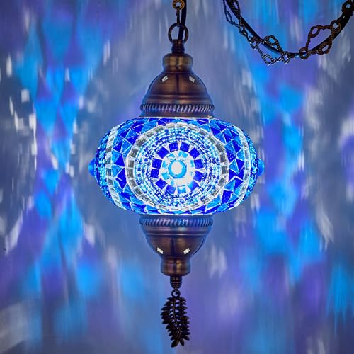 DEMMEX Plug in Pendant Light Turkish Moroccan Mosaic Ceiling Hanging Pendant Light Fixture Lamp 65 Shade 15ft Thick Leaf Type Metal Chains Cord Plug Blue - Image 1