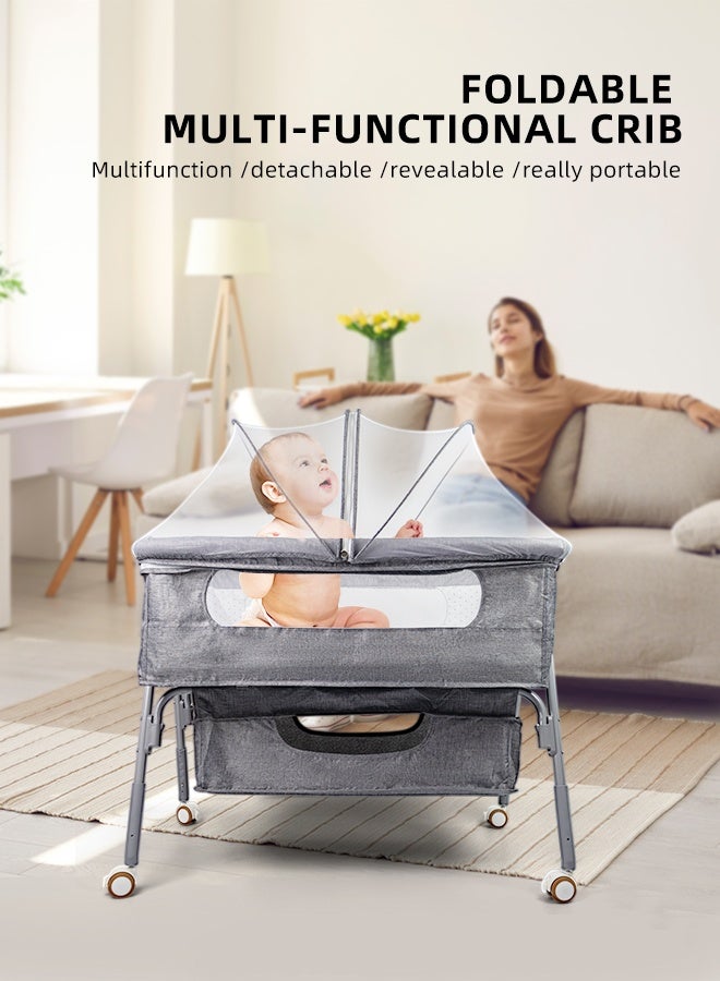 Soft Touch Baby Bedside Bassinet Toddler Bedside Crib with Wheels and Storage Basket Bedside Sleeper for Newborn Foldable Baby Crib with Mosquito Net and Adjustable Heigt for 0-3 Years Old Toddler - Image 3