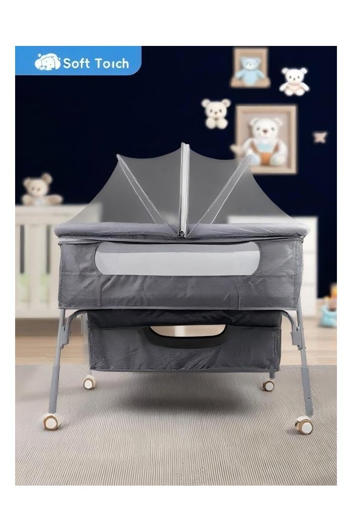 Soft Touch Baby Bedside Bassinet Toddler Bedside Crib with Wheels and Storage Basket Bedside Sleeper for Newborn Foldable Baby Crib with Mosquito Net and Adjustable Heigt for 0-3 Years Old Toddler - Image 1