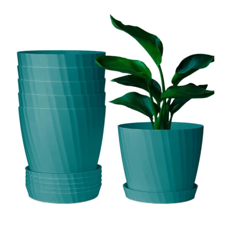 INKULTURE Round Flower Pots for Plants, Home Indoor & Outdoor Planters, Terrace, Garden Etc | Pack of 05 | Peacock | Plastic | 07 inch X 6.5 inch - Image 1