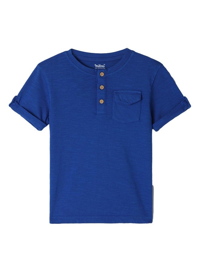 Milou Cotton Half Sleeves Henley Bio Washed T-Shirt - Blue - Image 1