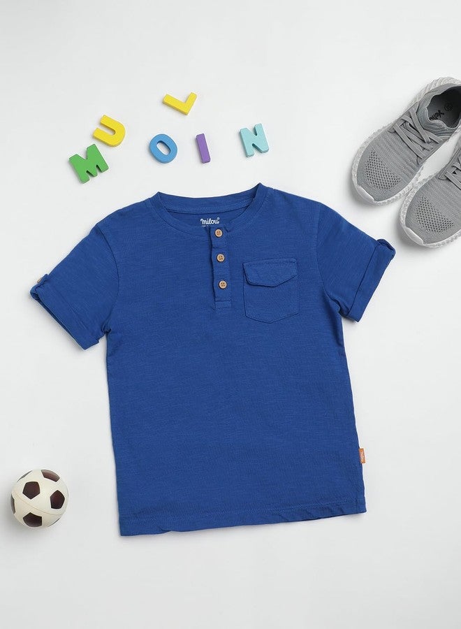 Milou Cotton Half Sleeves Henley Bio Washed T-Shirt - Blue - Image 2