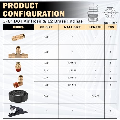 CheeMuii 3/8 Brass DOT Air Fittings With 32.8FT 3/8" DOT Air Line Kit Quick Connect DOT Air Line Fittings and PA12 Pneumatic Tubing for Semi Truck Trailer or Industrial Air System - Image 2