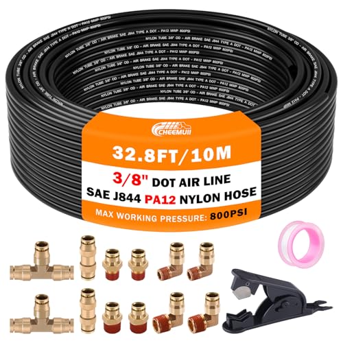 CheeMuii 3/8 Brass DOT Air Fittings With 32.8FT 3/8" DOT Air Line Kit Quick Connect DOT Air Line Fittings and PA12 Pneumatic Tubing for Semi Truck Trailer or Industrial Air System - Image 1