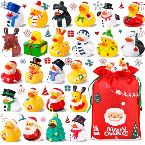 ANGGIKO 24 Pack Christmas Rubber Ducks in Bulk with Bag Christmas Ducks for Ducking Christmas Goodie Bag Stuffers Baby Birthday Gifts Party Favors Bath Toys for Toddlers - Image 1