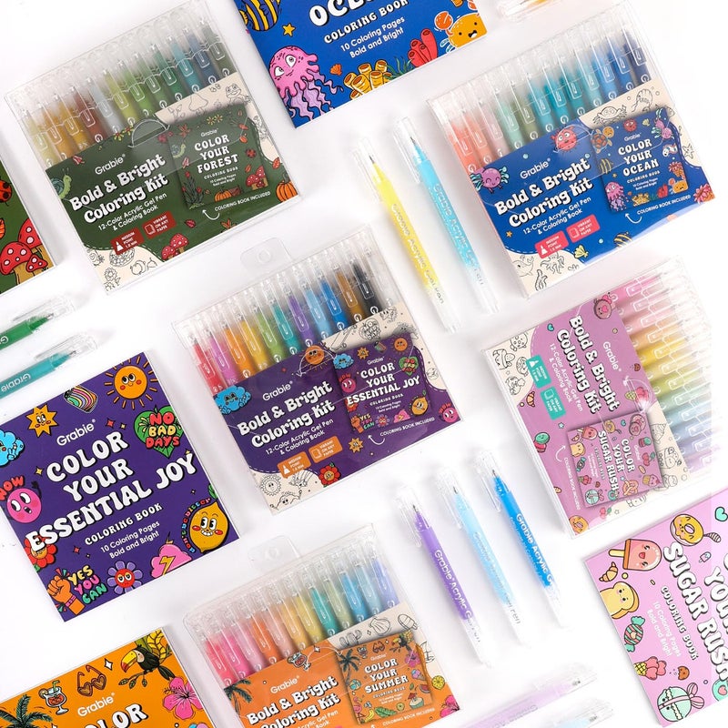 Grabie 5 Themes Value Bundle Bold&Bright Coloring Kit, 60 Colors Acrylic Gel Pens&Coloring Book, Medium Point Colored Gel Pens, Acrylic Gel Ink Pen Assorted Colored for Drawing, Note Taking - Image 1