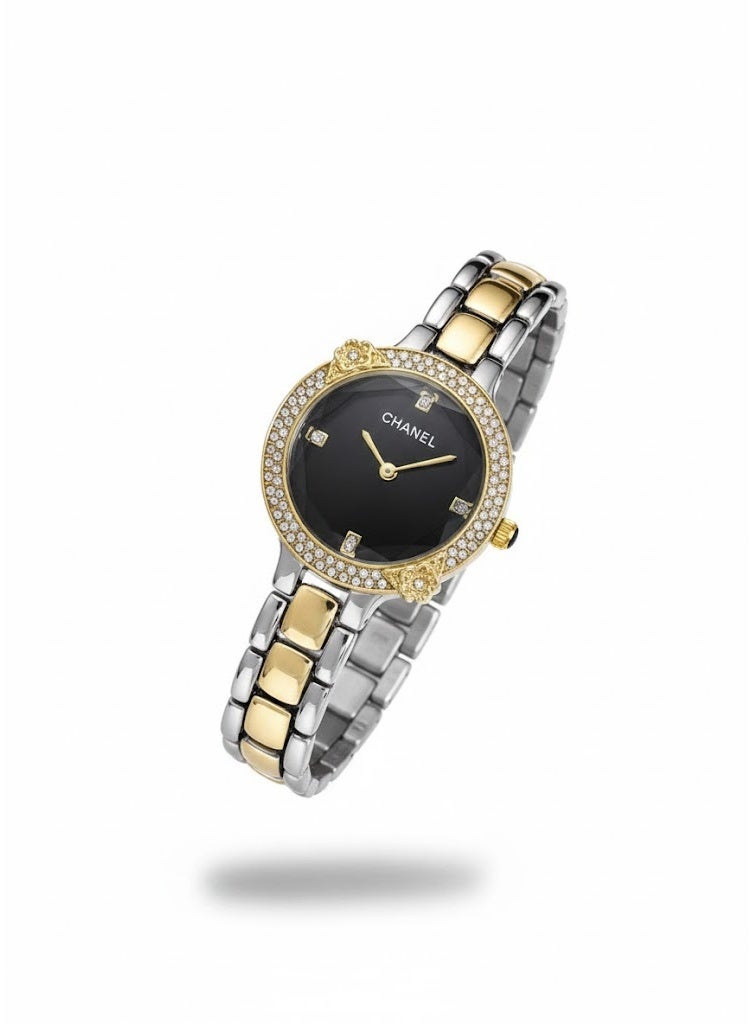 Chanel Women’s Two-Tone Stainless Steel Watch with Black Dial and Crystal Bezel