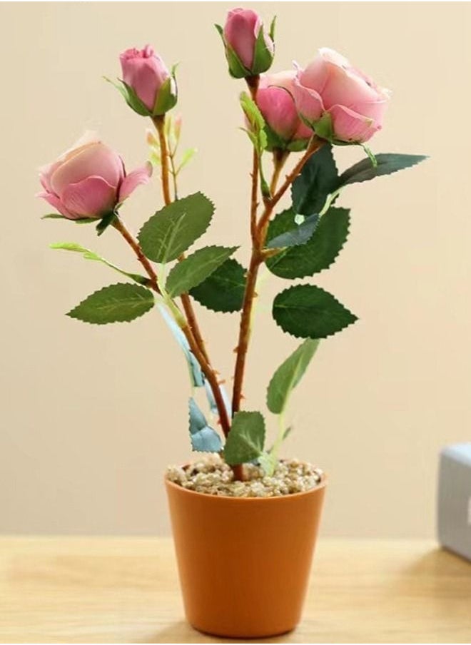Kutis 1 Piece European Style Rose Artificial Bonsai Simulation Potted Home Bedroom Living Room Desktop Decoration Pink/Green/Orange 7 x 27 cm  - Image 1