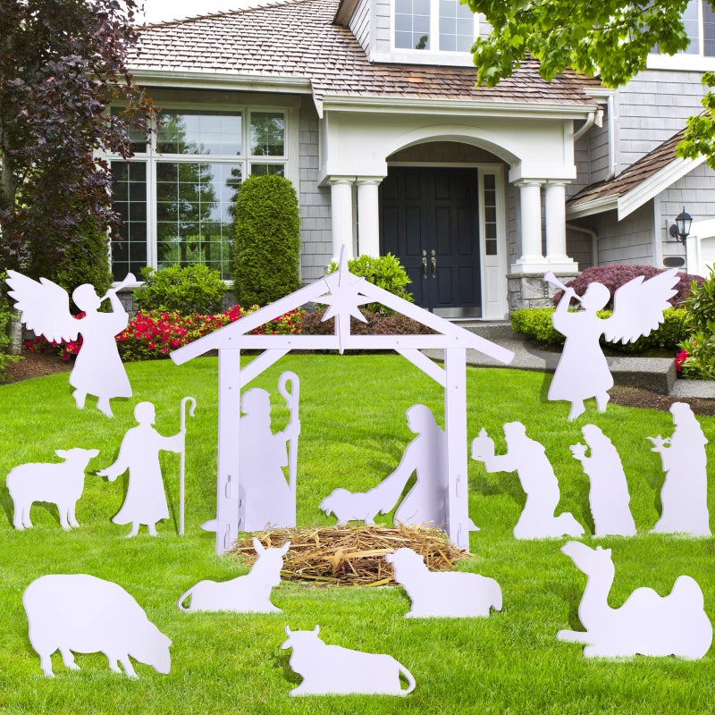 Remerry 15 Pcs 34 ft Outdoor Nativity Scene Large White Solid PVC Christmas Yard Nativity Sets Angel Kings Sheep Cattle Donkey Camel Manger The Birth of Jesus Scene Decorations