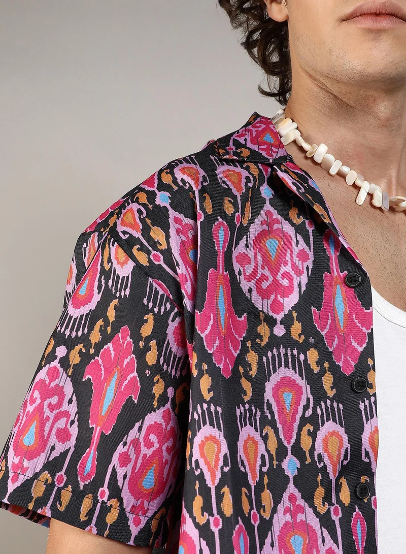 Campus Sutra Men's Midnight Black & Light Pink Ethnic Shirt