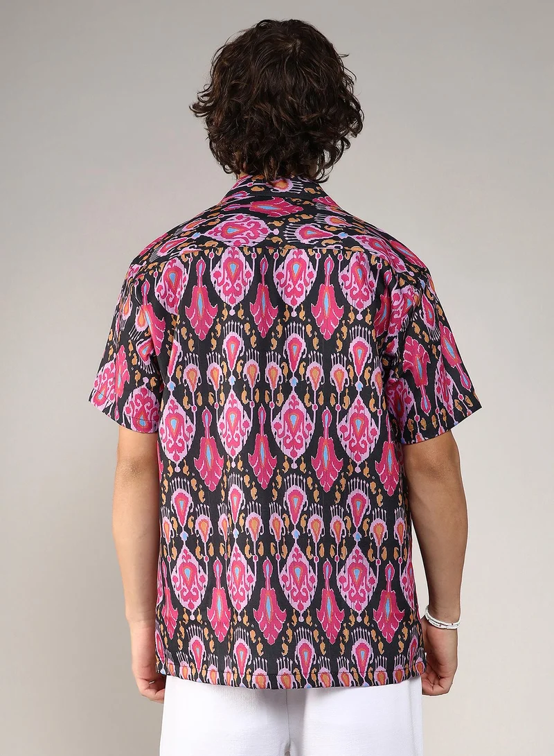 Campus Sutra Men's Midnight Black & Light Pink Ethnic Shirt
