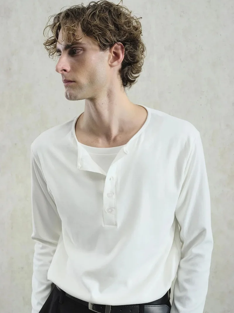 Giesto White GIESTO Buttoned Crew Neck Long Sleeve T-Shirt for Men | Best Price UAE