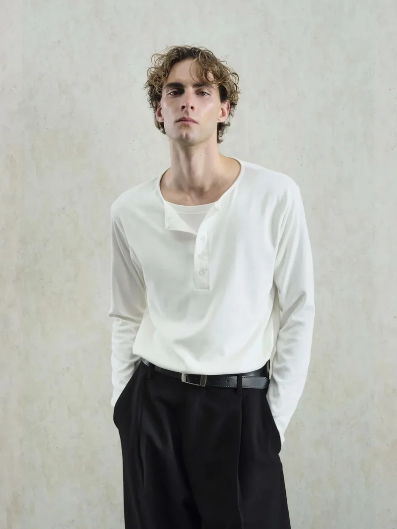 Giesto White GIESTO Buttoned Crew Neck Long Sleeve T-Shirt for Men | Best Price UAE