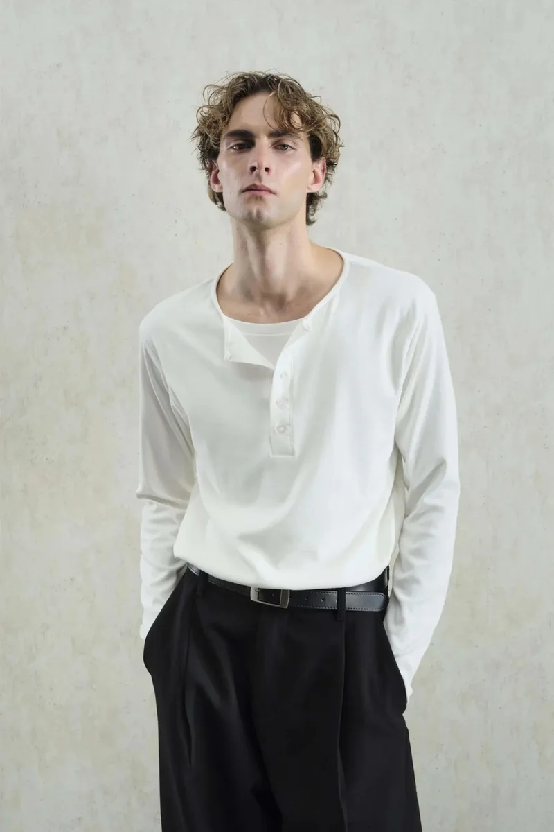 Giesto White GIESTO Buttoned Crew Neck Long Sleeve T-Shirt for Men | Best Price UAE