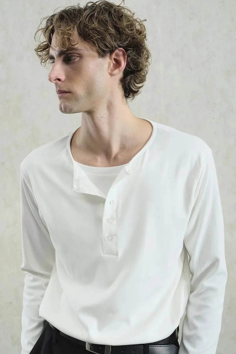 Giesto White GIESTO Buttoned Crew Neck Long Sleeve T-Shirt for Men | Best Price UAE