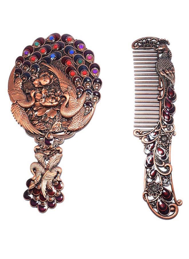 immatgar immatgar pharaonic Peafowl makeup pocket mirror with comb ancient Egyptian souvenirs gifts for women and mother from Egypt (Peafowl 11 - Burnt Red - 13.5 CM Tall) 