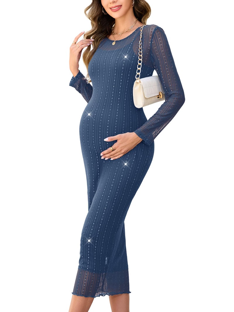 AISWI 2 Piece Maternity Sparkly Mesh Dress Long Sleeve Round Neck Bodycon Midi Pregnancy Dresses Baby Shower Semi Formal, Dusty Blue, Medium - Image 1