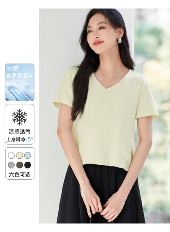 Hstyle Cool & Minimalist V-neck Short Sleeve T-shirt For Women - 2025 Summer Breathable Slim-fit Basic Top - Image 1