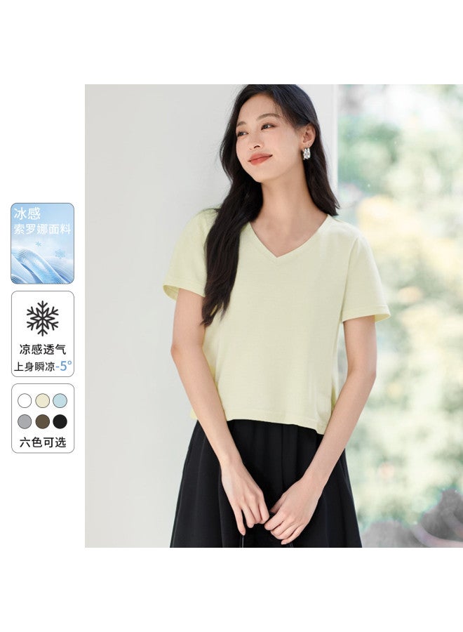 Hstyle Cool & Minimalist V-neck Short Sleeve T-shirt For Women - 2025 Summer Breathable Slim-fit Basic Top - Image 2