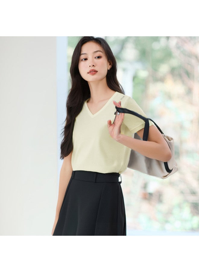 Hstyle Cool & Minimalist V-neck Short Sleeve T-shirt For Women - 2025 Summer Breathable Slim-fit Basic Top - Image 5