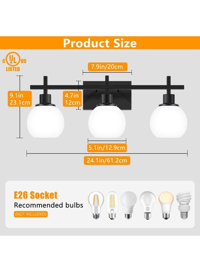 Dpyrrhic Modern Vanity Lighting Fixtures,3-Light Black Bathroom Lighting Fixtures Over Mirror，Bathroom Wall Mounted Vanity Light with Milky White Glass Lampshade for Living Room，Bedroom，Hallway - Image 2