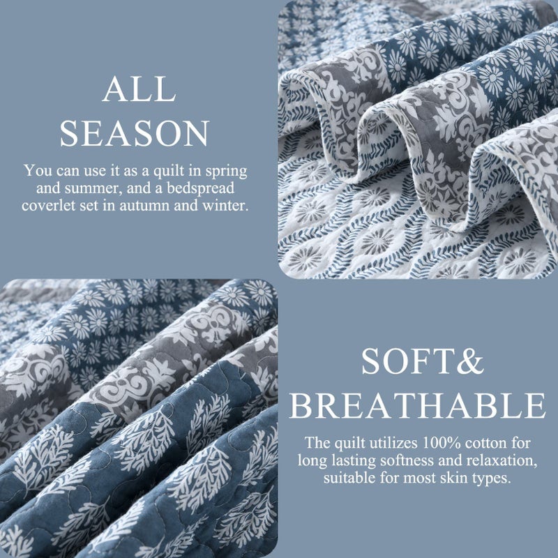 DDUOXIN Floral Quilt Queen Size - 100% Cotton Reversible Queen Quilt with 2 Pillow Shams, Farmhouse Soft Bedspreads Lightweight Stripe Quilts Bedding Set, Country Blue/Grey - Image 5