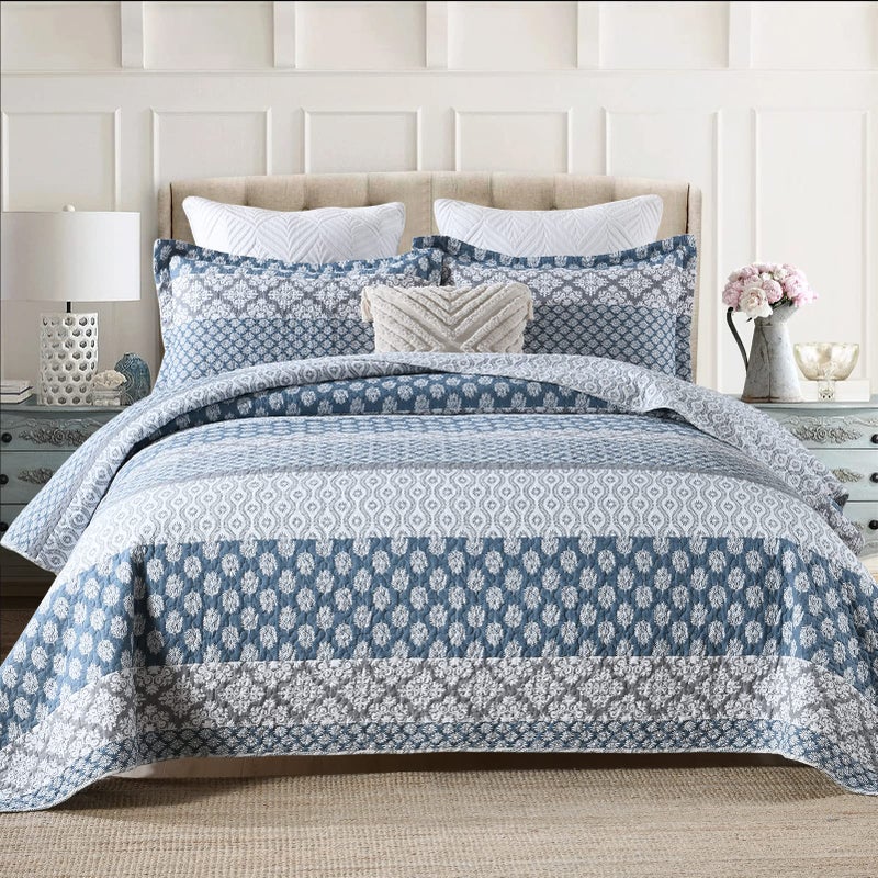 DDUOXIN Floral Quilt Queen Size - 100% Cotton Reversible Queen Quilt with 2 Pillow Shams, Farmhouse Soft Bedspreads Lightweight Stripe Quilts Bedding Set, Country Blue/Grey - Image 1