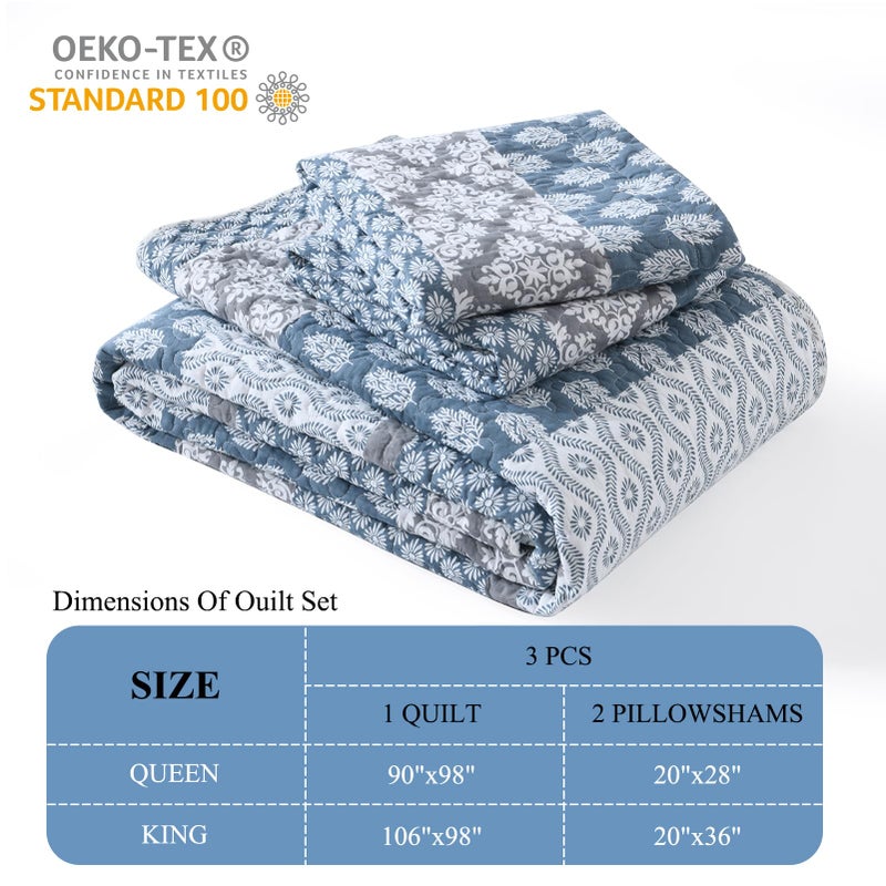 DDUOXIN Floral Quilt Queen Size - 100% Cotton Reversible Queen Quilt with 2 Pillow Shams, Farmhouse Soft Bedspreads Lightweight Stripe Quilts Bedding Set, Country Blue/Grey - Image 3