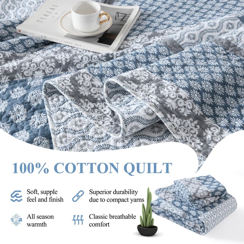 DDUOXIN Floral Quilt Queen Size - 100% Cotton Reversible Queen Quilt with 2 Pillow Shams, Farmhouse Soft Bedspreads Lightweight Stripe Quilts Bedding Set, Country Blue/Grey - Image 4