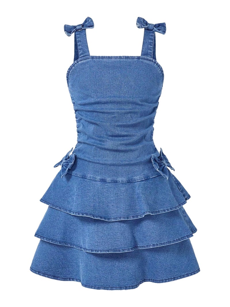 WDIRARA Girl's Layered Ruffle Denim Dress Bow Ruched Sleeveless A Line Jean Dresses Medium Wash 11Y - Image 1
