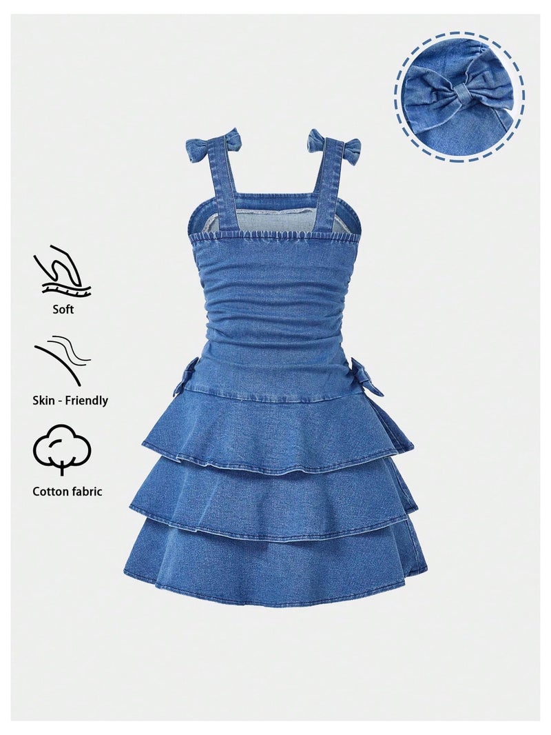 WDIRARA Girl's Layered Ruffle Denim Dress Bow Ruched Sleeveless A Line Jean Dresses Medium Wash 11Y - Image 4
