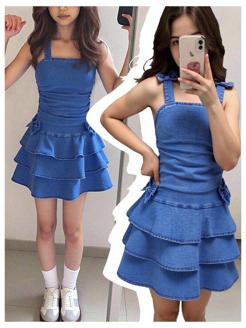 WDIRARA Girl's Layered Ruffle Denim Dress Bow Ruched Sleeveless A Line Jean Dresses Medium Wash 11Y - Image 3