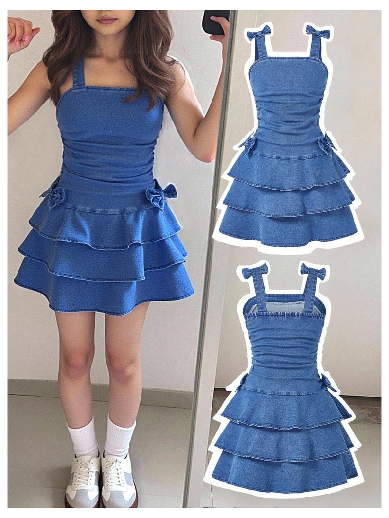 WDIRARA Girl's Layered Ruffle Denim Dress Bow Ruched Sleeveless A Line Jean Dresses Medium Wash 11Y - Image 2