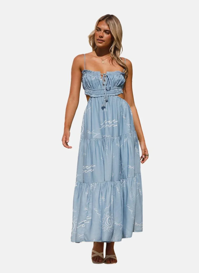 يونيكي Blue Shoulder Strap Tie-up Neck Printed Fit & Flared Dress