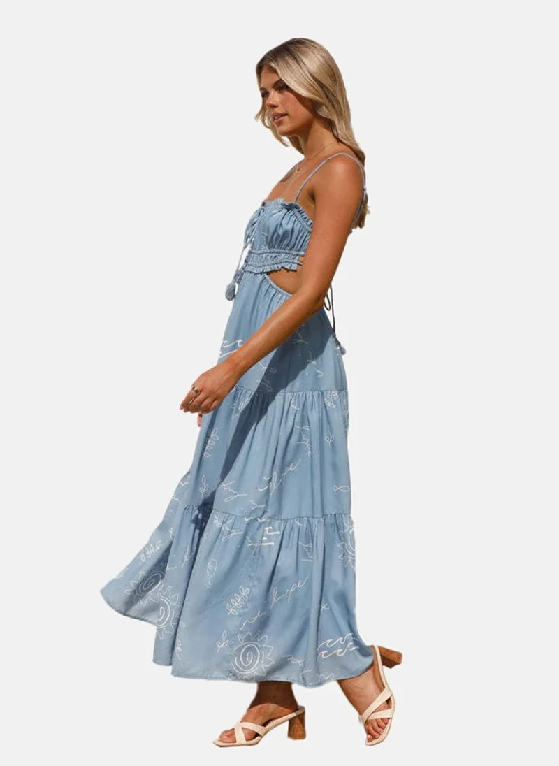 يونيكي Blue Shoulder Strap Tie-up Neck Printed Fit & Flared Dress