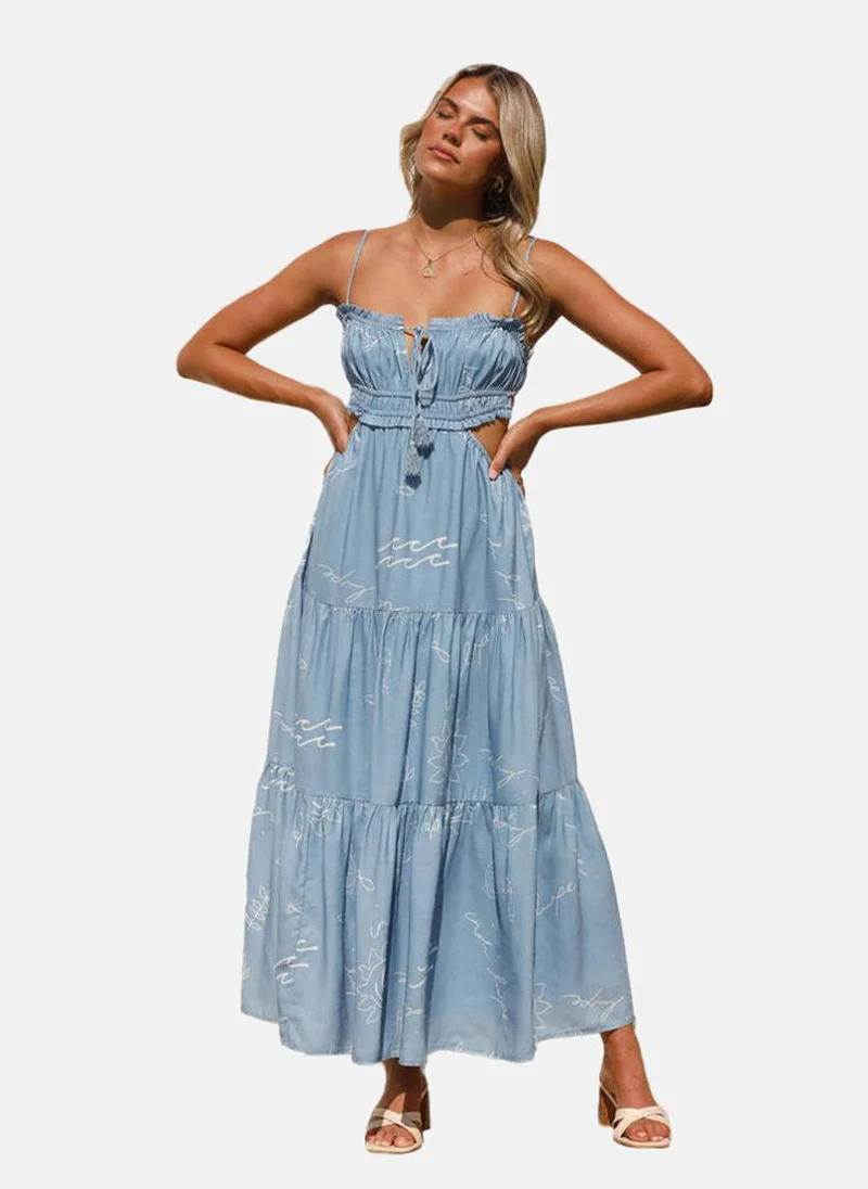 يونيكي Blue Shoulder Strap Tie-up Neck Printed Fit & Flared Dress