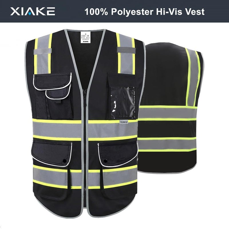 XIAKE 9 Pockets High Visibility Safety Vest Black with 2 Inch Dual Tone Reflective Strips - Yellow Trim,Meets ANSI/ISEA Standard,Large - Image 2
