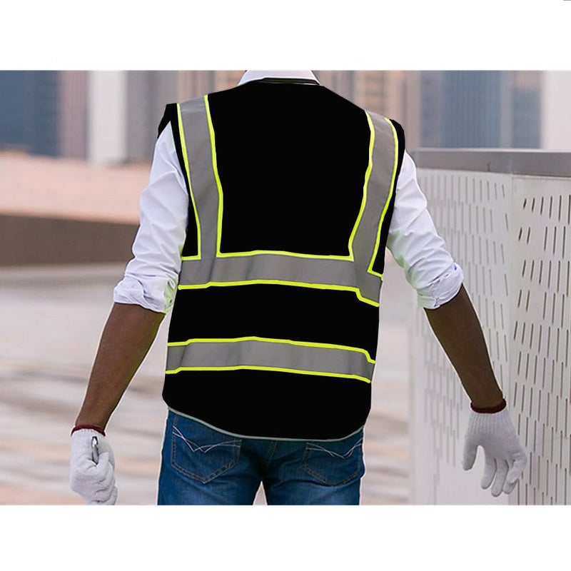 XIAKE 9 Pockets High Visibility Safety Vest Black with 2 Inch Dual Tone Reflective Strips - Yellow Trim,Meets ANSI/ISEA Standard,Large - Image 4