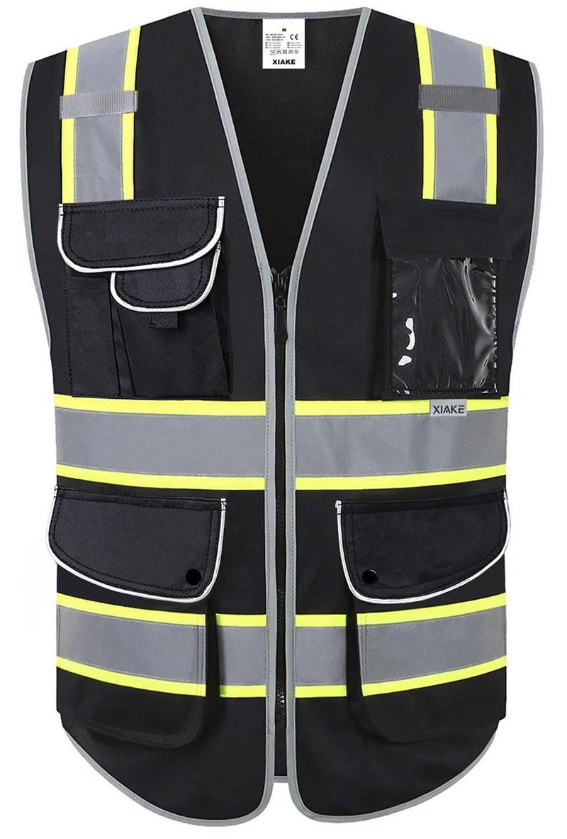 XIAKE 9 Pockets High Visibility Safety Vest Black with 2 Inch Dual Tone Reflective Strips - Yellow Trim,Meets ANSI/ISEA Standard,Large - Image 1