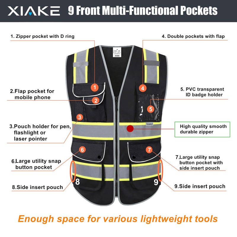 XIAKE 9 Pockets High Visibility Safety Vest Black with 2 Inch Dual Tone Reflective Strips - Yellow Trim,Meets ANSI/ISEA Standard,Large - Image 3