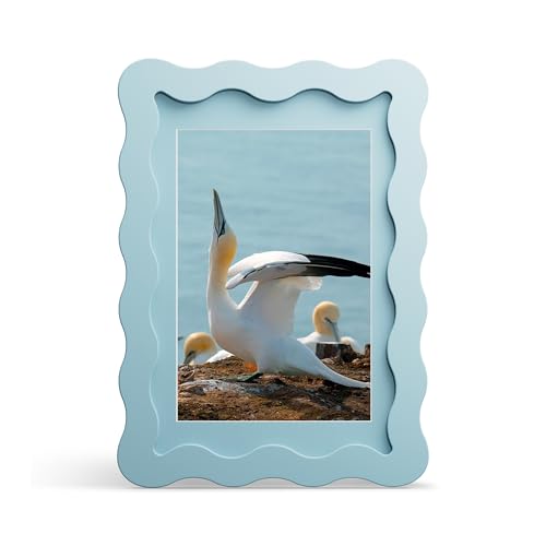 THKRLOF 4x6 Picture Frame with Mat for 3.5x5, Wavy Edge Wooden Real Glass Photo Frame for Tabletop and Wall Hanging, Blue, 1 Pack - Image 1
