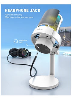 FIFINE Fifine PC USB RGB Mic, Streaming Gaming RGB Computer Condenser Mic for Podcast, Recording, Vocal, Desktop Mic for Windows Mac, Gamer Streamer Setup with Mute&Gain, Headphones Jack-White A8W  - Image 3
