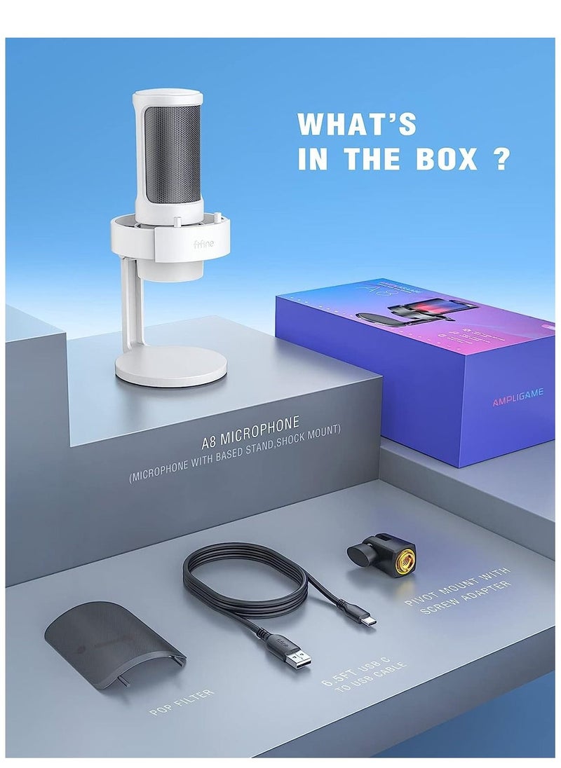 FIFINE - Fifine PC USB RGB Mic, Streaming Gaming RGB Computer Condenser Mic for Podcast, Recording, Vocal, Desktop Mic for Windows Mac, Gamer Streamer Setup with Mute&Gain, Headphones Jack-White A8W - Image 1