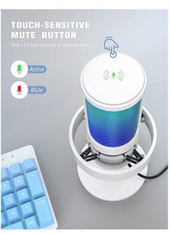 FIFINE Fifine PC USB RGB Mic, Streaming Gaming RGB Computer Condenser Mic for Podcast, Recording, Vocal, Desktop Mic for Windows Mac, Gamer Streamer Setup with Mute&Gain, Headphones Jack-White A8W  - Image 4