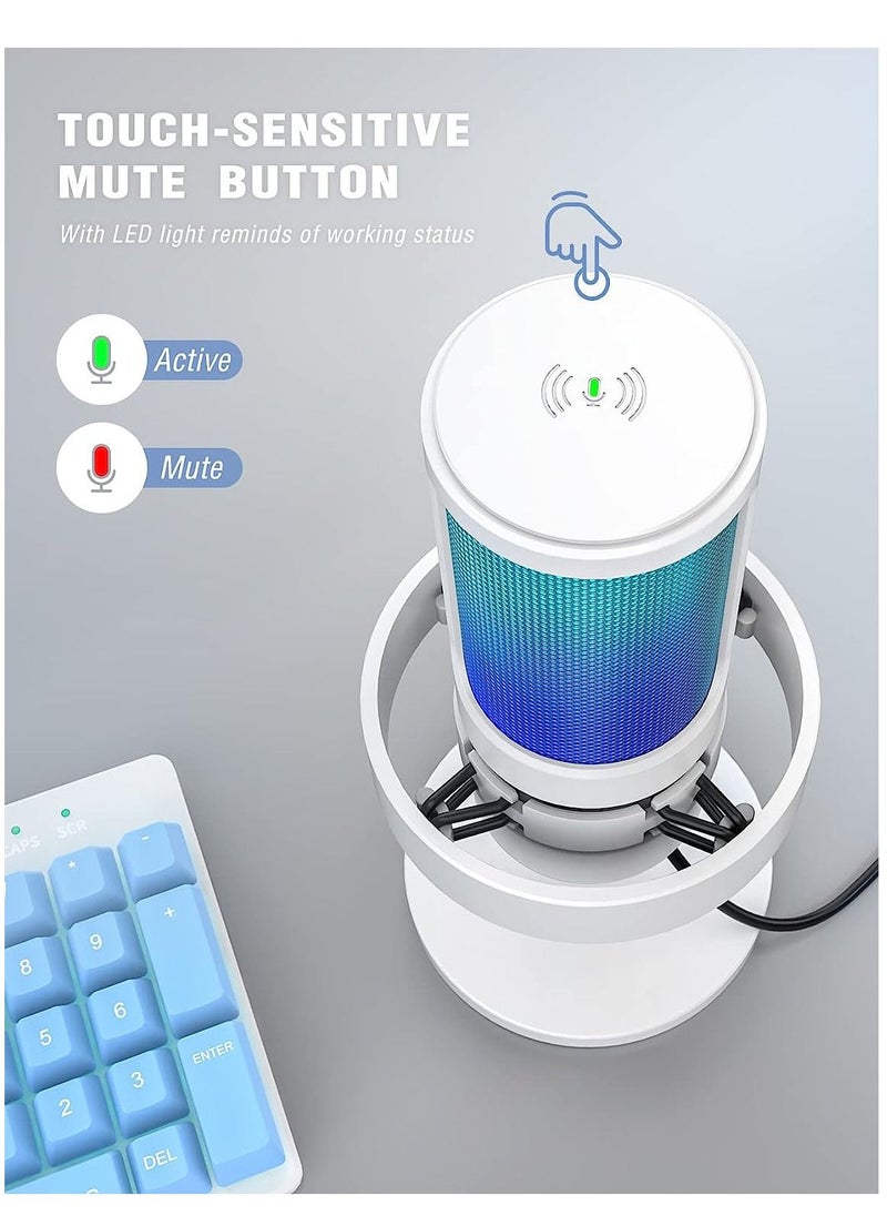 FIFINE - Fifine PC USB RGB Mic, Streaming Gaming RGB Computer Condenser Mic for Podcast, Recording, Vocal, Desktop Mic for Windows Mac, Gamer Streamer Setup with Mute&Gain, Headphones Jack-White A8W - Image 1