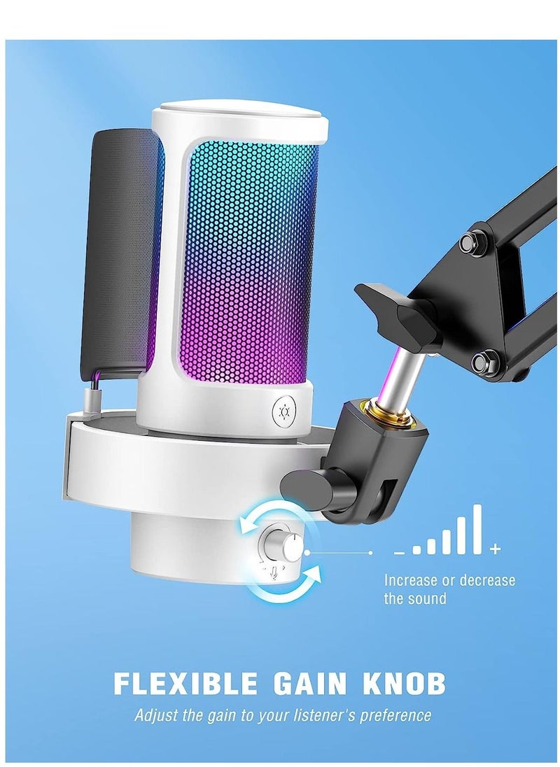 FIFINE - Fifine PC USB RGB Mic, Streaming Gaming RGB Computer Condenser Mic for Podcast, Recording, Vocal, Desktop Mic for Windows Mac, Gamer Streamer Setup with Mute&Gain, Headphones Jack-White A8W - Image 1